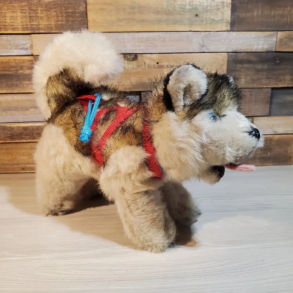 Kipmik Alaskan Husky Sled Dog 12” Realistic Fur Standing Plush Harness Blue Eyes